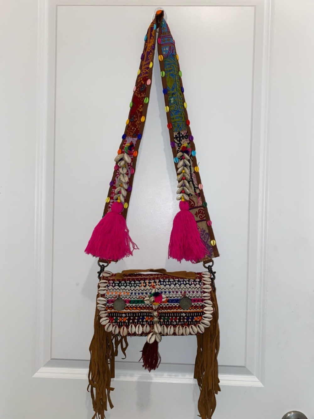 Boho Embroidered Fringe Crossbody Bag with Pink Tassel Strap